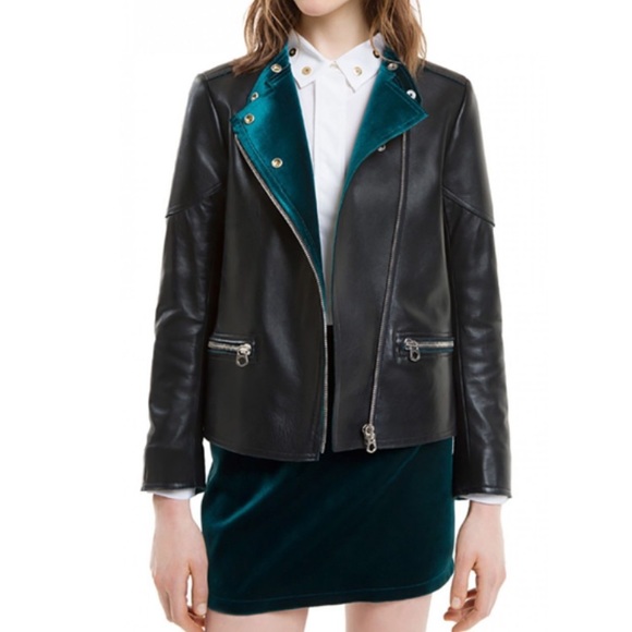 Sandro Paris velvet lined leather moto jacket